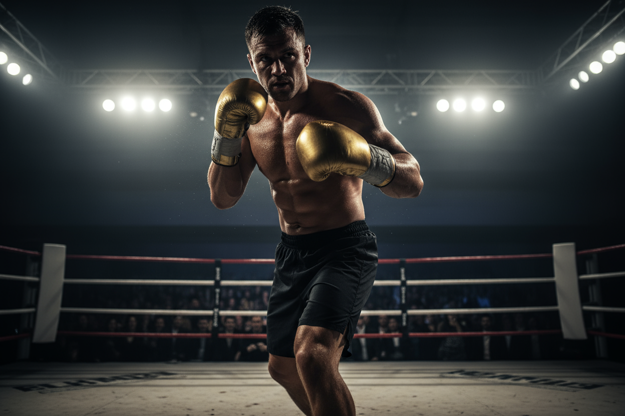 A fighter in the ring with his face outlined, but his body is visible, and his gloves are visible, shimmering golden, conveying the spirit of the fight. More realism.